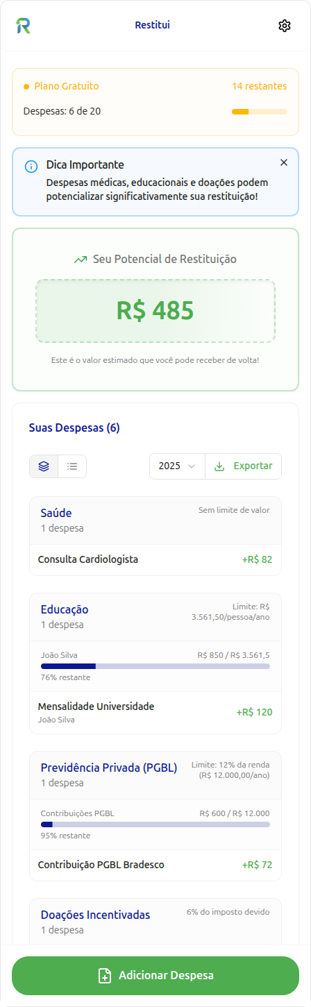 Interface do aplicativo Restitui